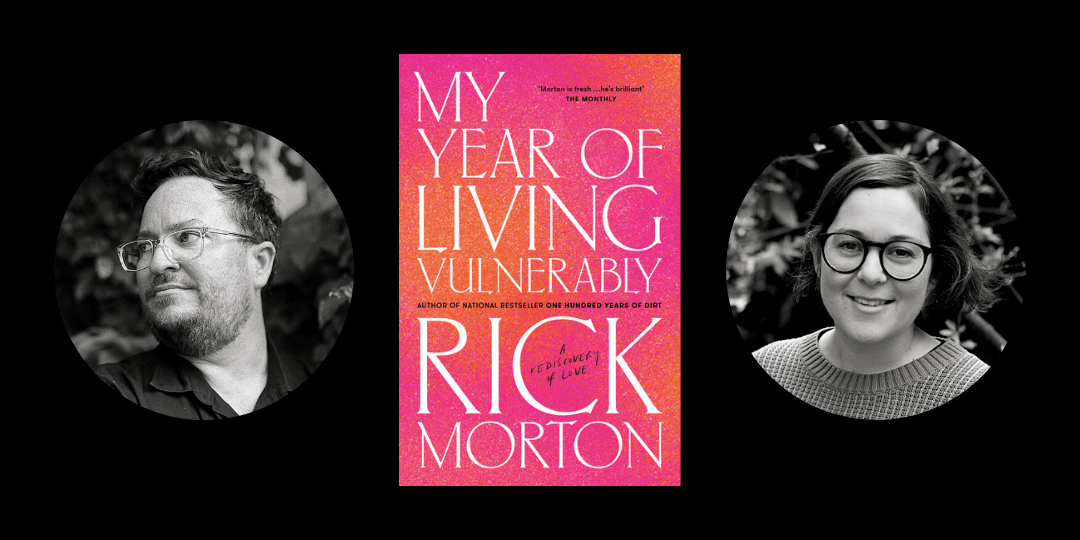 Image: The cover of Rick Morton's My Year of Living Vulnerably is in the centre of the picture. The cover is hot pink and orange, and stands out against the black background. On the left of the image is a photo of Rick Morton, a man in glasses with a short beard who is looking out of shot. On the right is a picture of Hayley Scrivenor, a woman with short, dark hair and glasses.